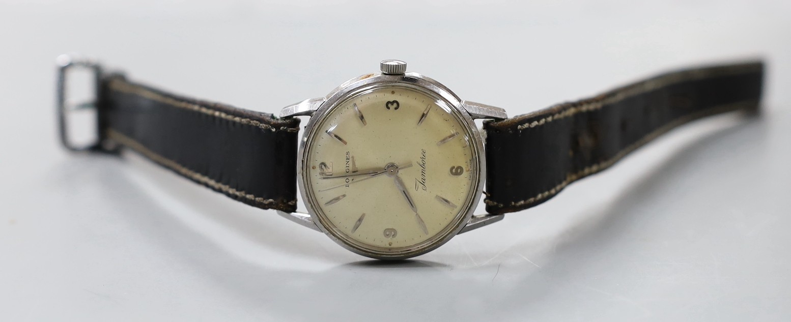 A gentleman's stainless steel Longines Jamboree manual wind wrist watch, on a later leather strap.